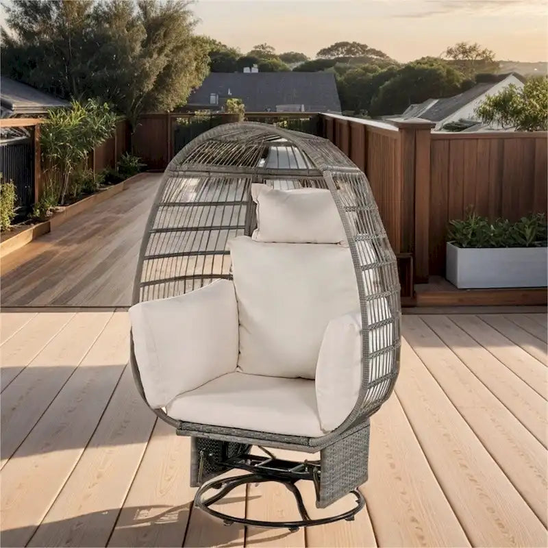 Chaise de Patio en Osier en Forme d'Œuf avec Pivotement à 360°, Base à Bascule et Coussins