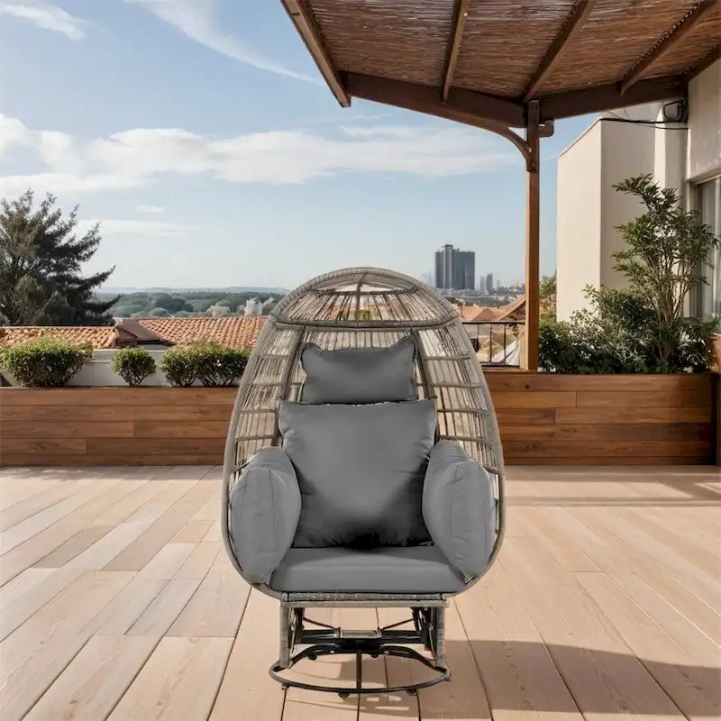 Chaise de Patio en Osier en Forme d'Œuf avec Pivotement à 360°, Base à Bascule et Coussins