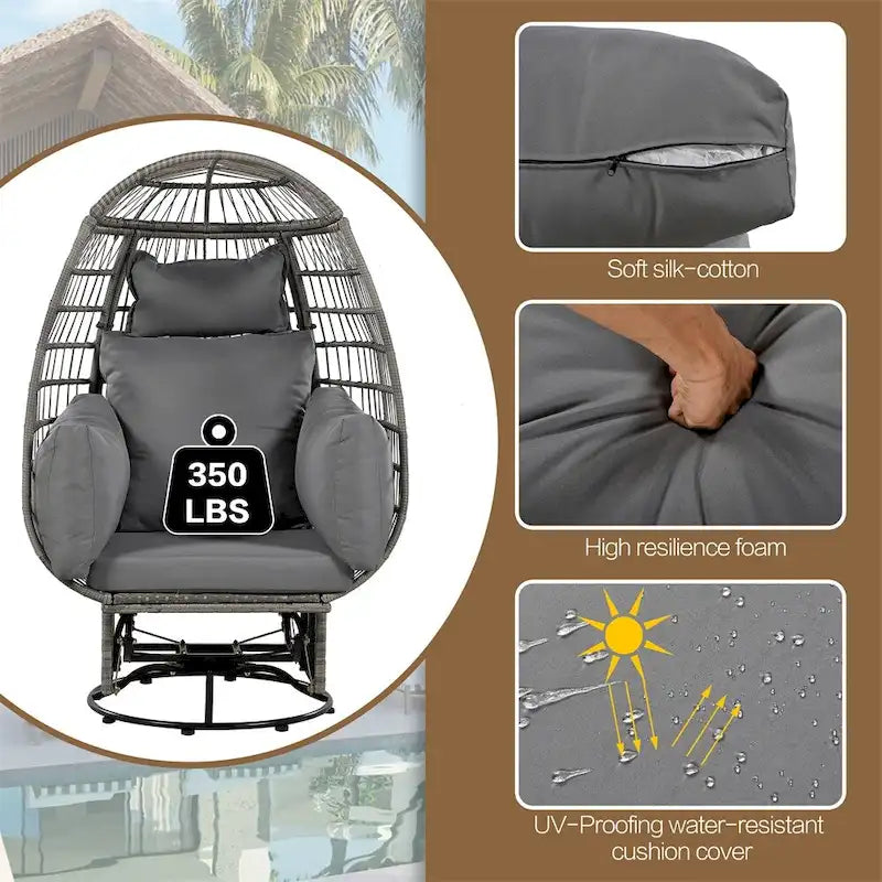 Chaise de Patio en Osier en Forme d'Œuf avec Pivotement à 360°, Base à Bascule et Coussins