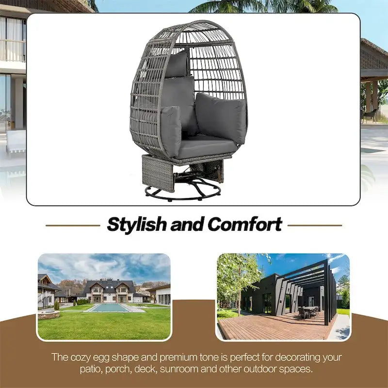Chaise de Patio en Osier en Forme d'Œuf avec Pivotement à 360°, Base à Bascule et Coussins