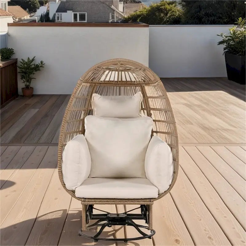 Chaise de Patio en Osier en Forme d'Œuf avec Pivotement à 360°, Base à Bascule et Coussins