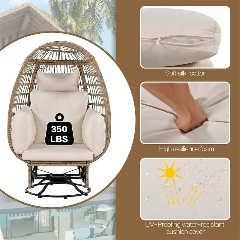 Chaise de Patio en Osier en Forme d'Œuf avec Pivotement à 360°, Base à Bascule et Coussins