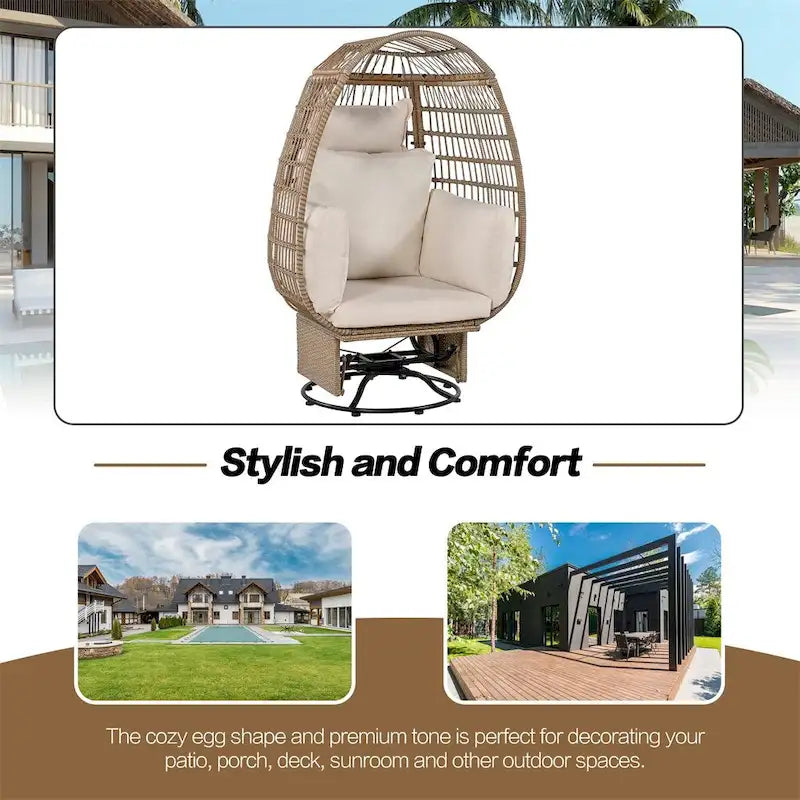 Chaise de Patio en Osier en Forme d'Œuf avec Pivotement à 360°, Base à Bascule et Coussins