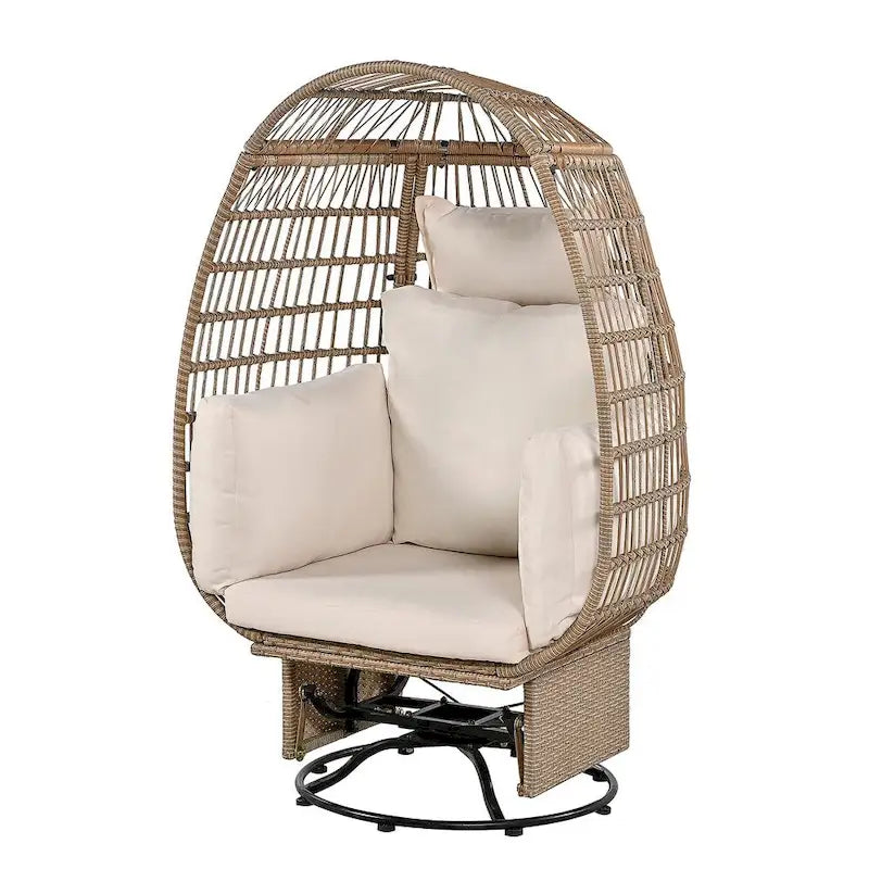 Chaise de Patio en Osier en Forme d'Œuf avec Pivotement à 360°, Base à Bascule et Coussins