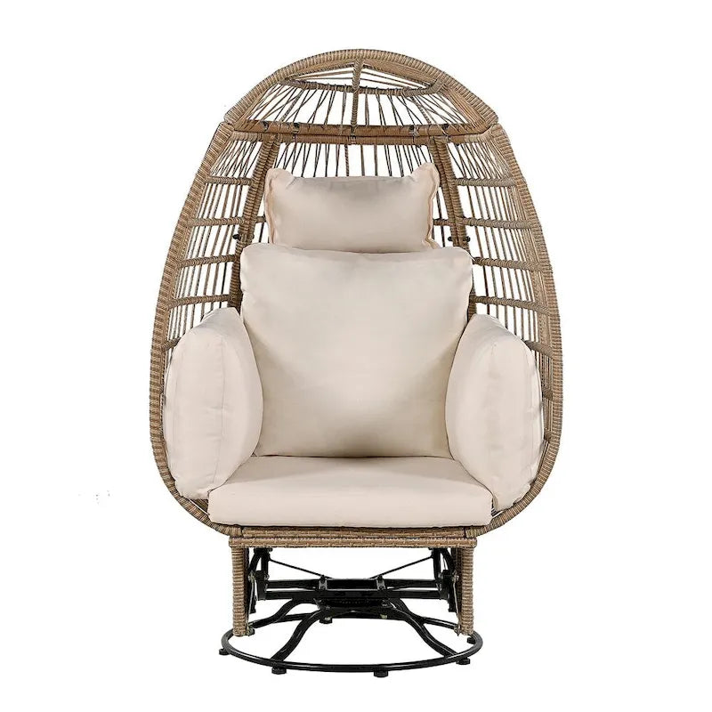 Chaise de Patio en Osier en Forme d'Œuf avec Pivotement à 360°, Base à Bascule et Coussins