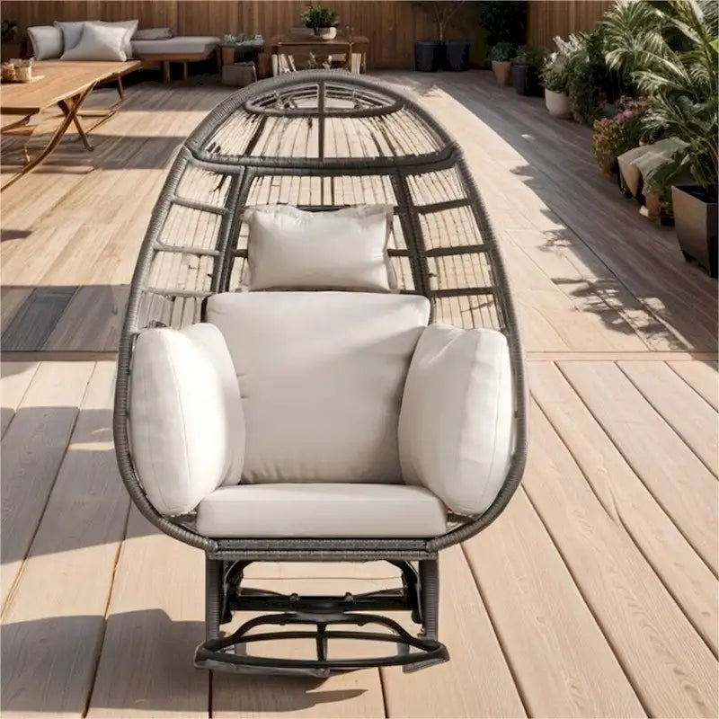Chaise de Patio en Osier en Forme d'Œuf avec Pivotement à 360°, Base à Bascule et Coussins