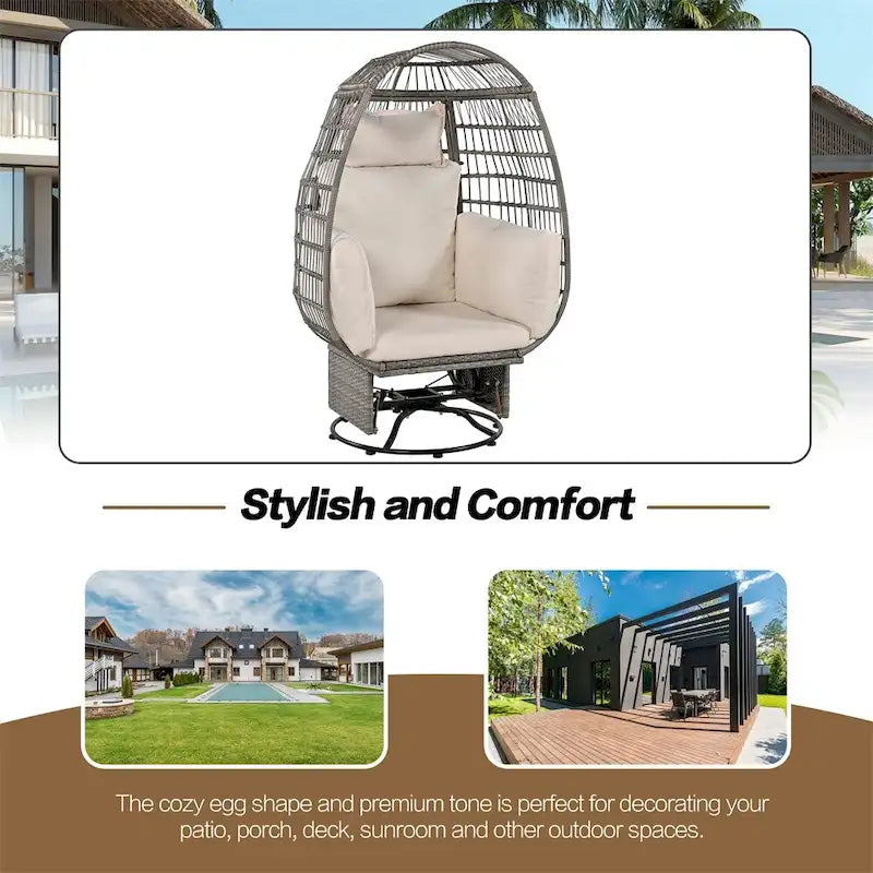 Chaise de Patio en Osier en Forme d'Œuf avec Pivotement à 360°, Base à Bascule et Coussins